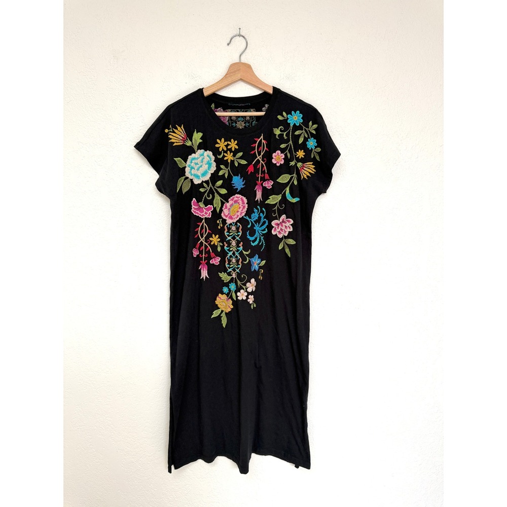 Johnny Was Shari Relaxed Knit Dress Black Floral Embroidered T-Shirt Midi XS
